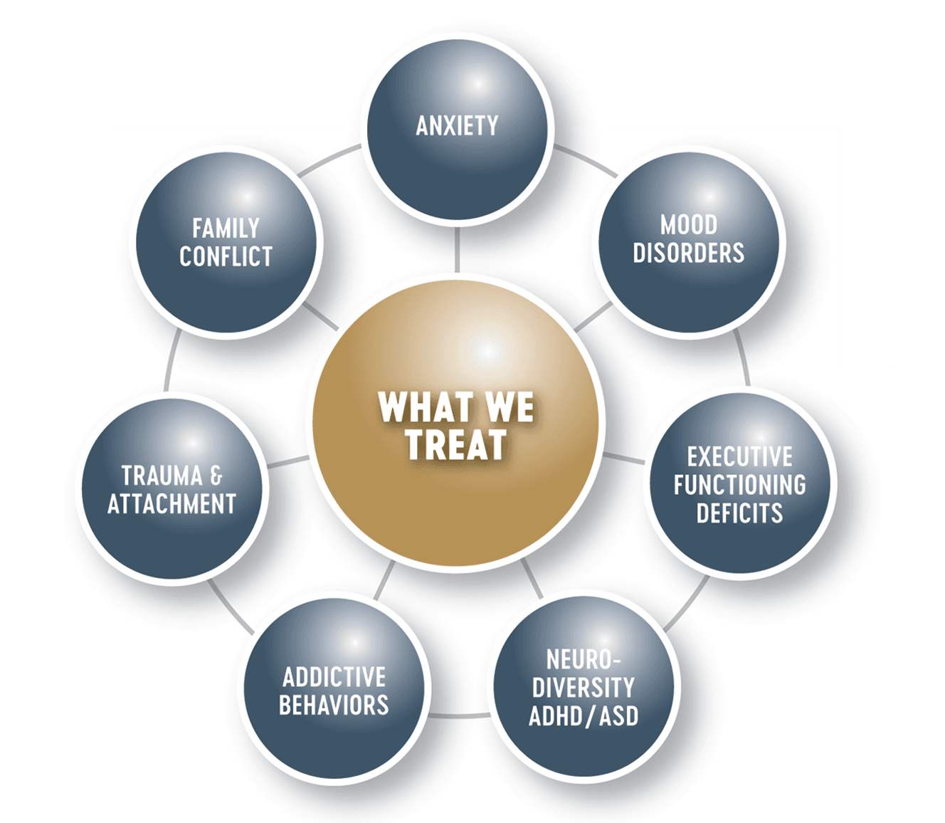 What we treat info graphic: family conflict, anxiety, mood disorders, adhd, autism, addictive behaviors, trauma & attachment and executive functioning deficits 